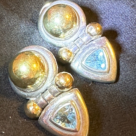 David Yurman Dangle Triangle Earrings Blue Topaz Sterling Silver & 14k Gold - Picture 7 of 9